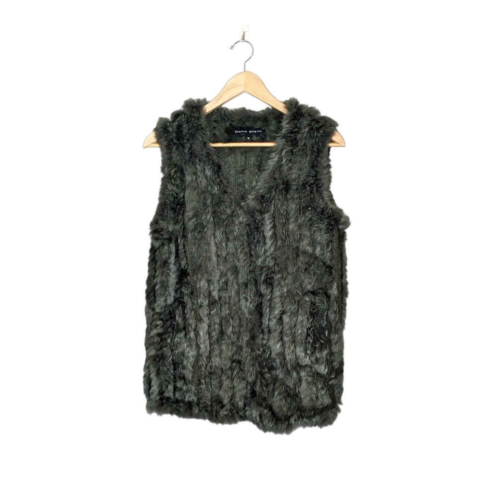 Dana Stein Gray Wool Knitted, Ranch-Raised Rabbit Fur Vest with Pockets Size M